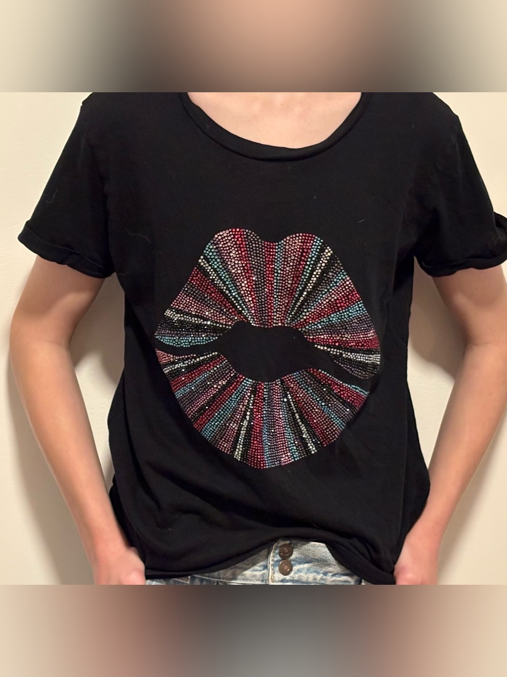 Lauren Moshi Black Short Sleeve Tee with Multicolor Rhinestone Lip Graphic